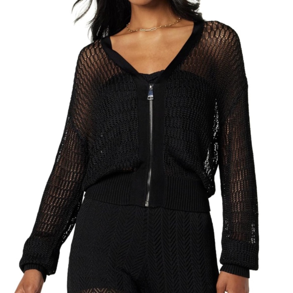 The Drop Women's Long Sleeve Crocheted Zip Front Black Cardigan Size S